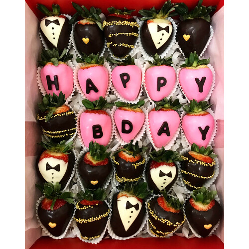 25pcs Pink "HAPPY BDAY" Chocolate Strawberries Gift Box 